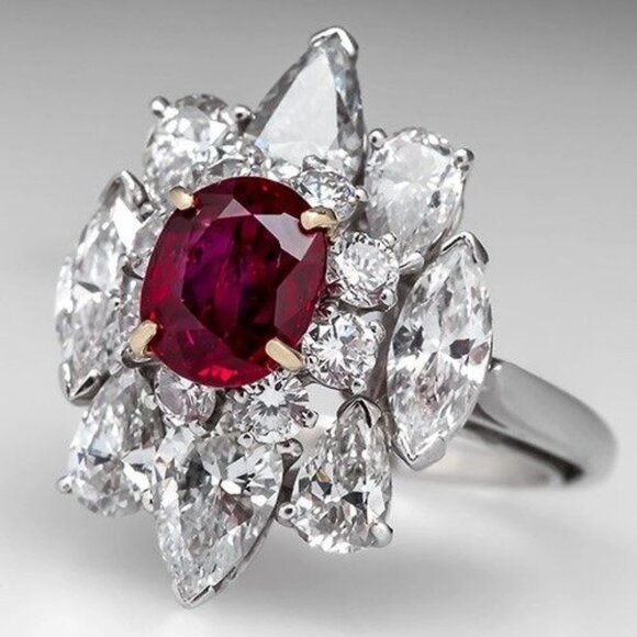 🌸LUXURY RUBY OLD MINE DIAMOND NOBLE SILVER SHINY FLOWER DAINTY RING, K920 - Picture 1 of 7